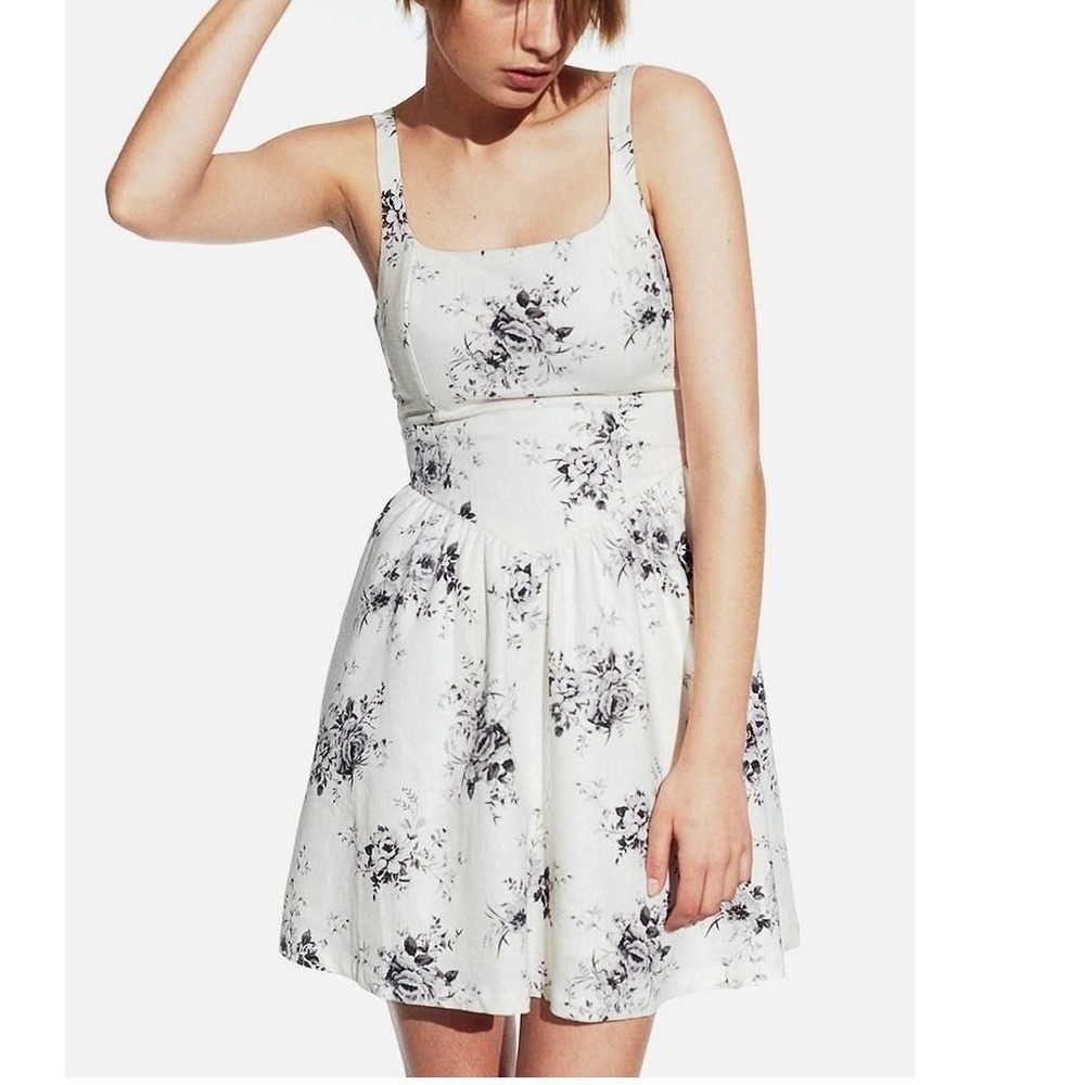 H&M Divided Linen Blend Floral Dress Sz 6 Basque Waist Flared Skirt Cottagecore